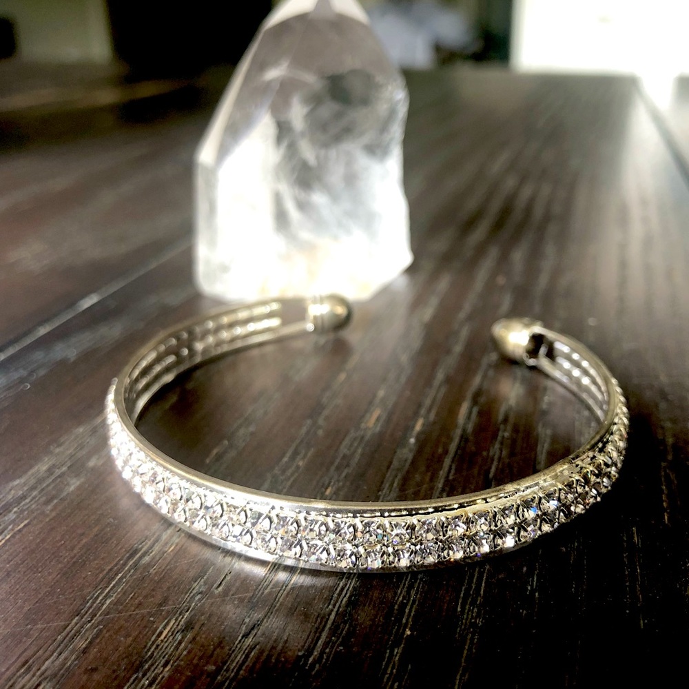 Silver Plated Rhinestone Adjustable Slim Cuff Bracelet